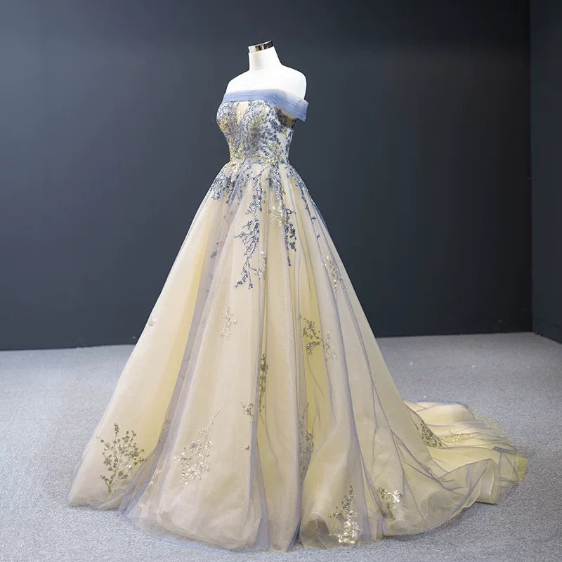 Modest Ball Gown Off The Shoulder Long Blue Sweet 15 Dress Prom Dresses
