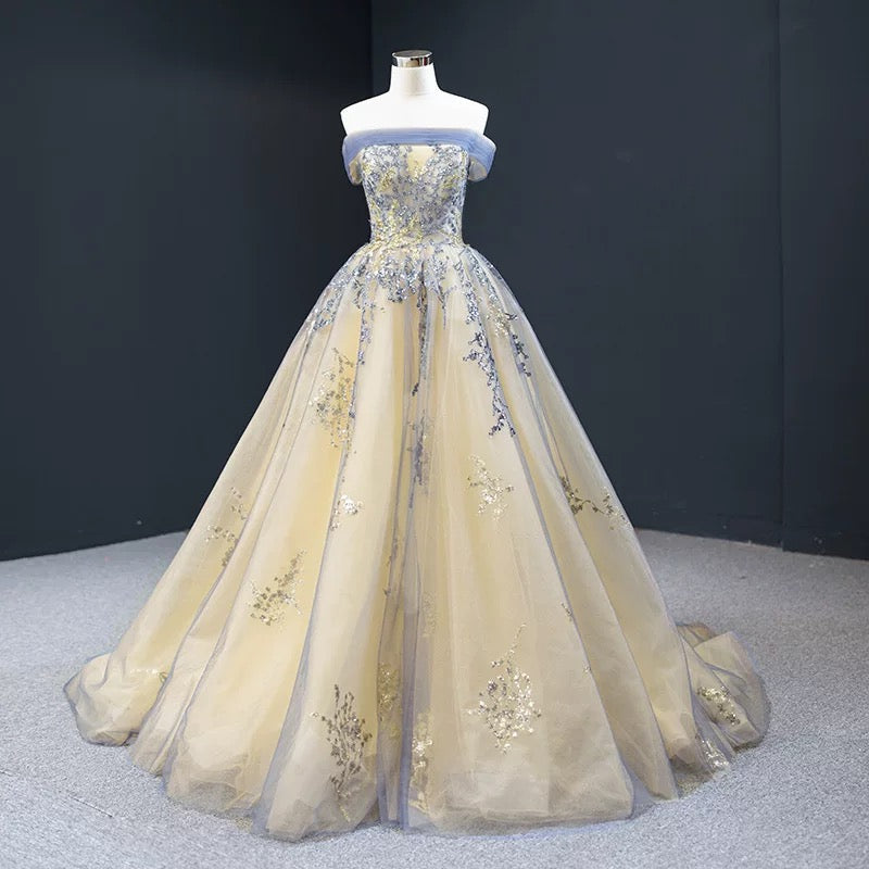 Modest Ball Gown Off The Shoulder Long Blue Sweet 15 Dress Prom Dresses