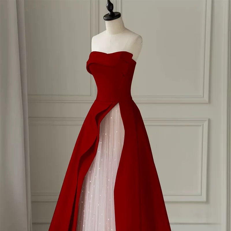 Modest A line Strapless Long Red Satin Prom Dresses Evening Party Dress