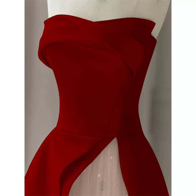Modest A line Strapless Long Red Satin Prom Dresses Evening Party Dress