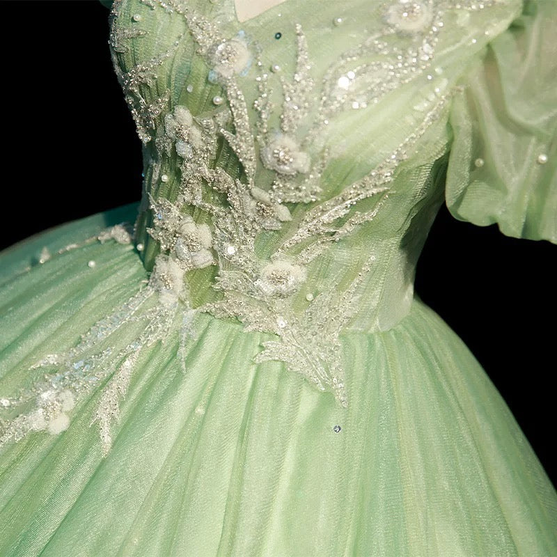 Modest Ball Gown V Neckline Sage Green Tulle Long Flowers Sweet 16 Dresses