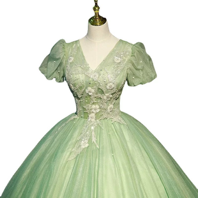 Modest Ball Gown V Neckline Sage Green Tulle Long Flowers Sweet 16 Dresses