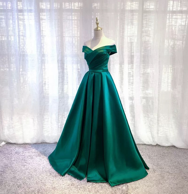Simple A line Off The Shoulder Green Satin Prom Dresses Evening Party Dress