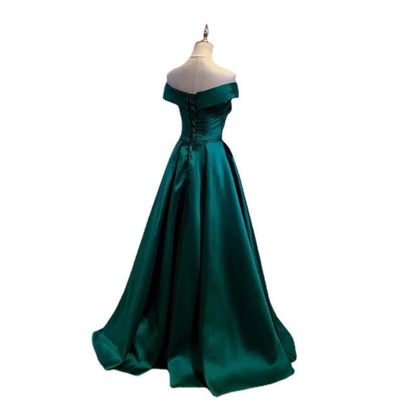 Simple A line Off The Shoulder Green Satin Prom Dresses Evening Party Dress
