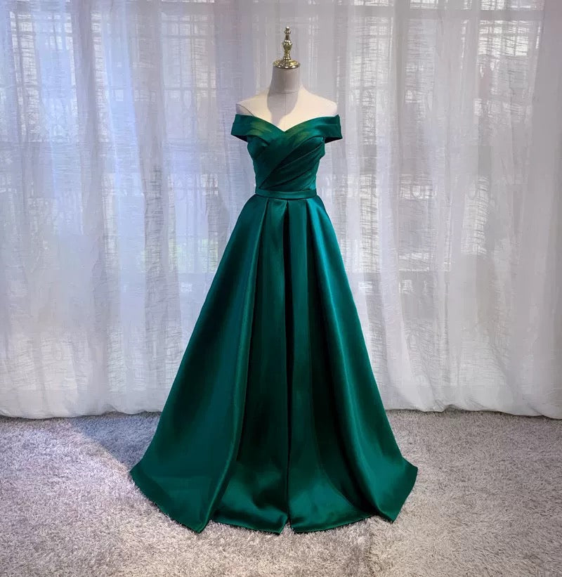 Simple A line Off The Shoulder Green Satin Prom Dresses Evening Party Dress