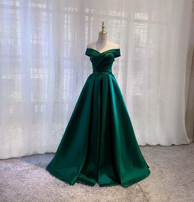 Simple A line Off The Shoulder Green Satin Prom Dresses Evening Party Dress