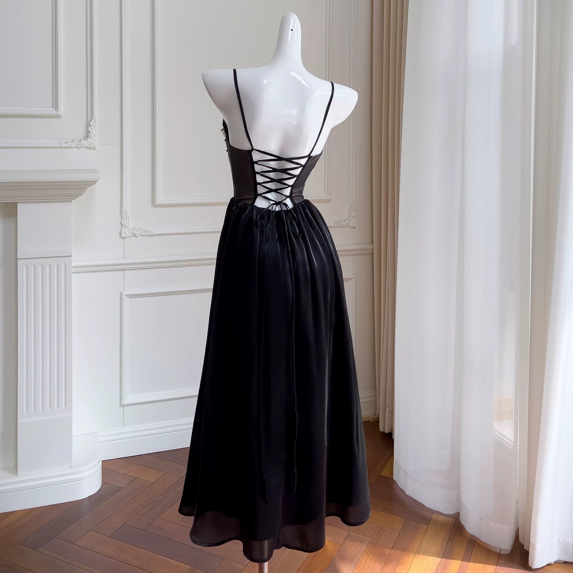 Cute A Line Spaghetti Straps Sleeveless Black Long Prom Dresses