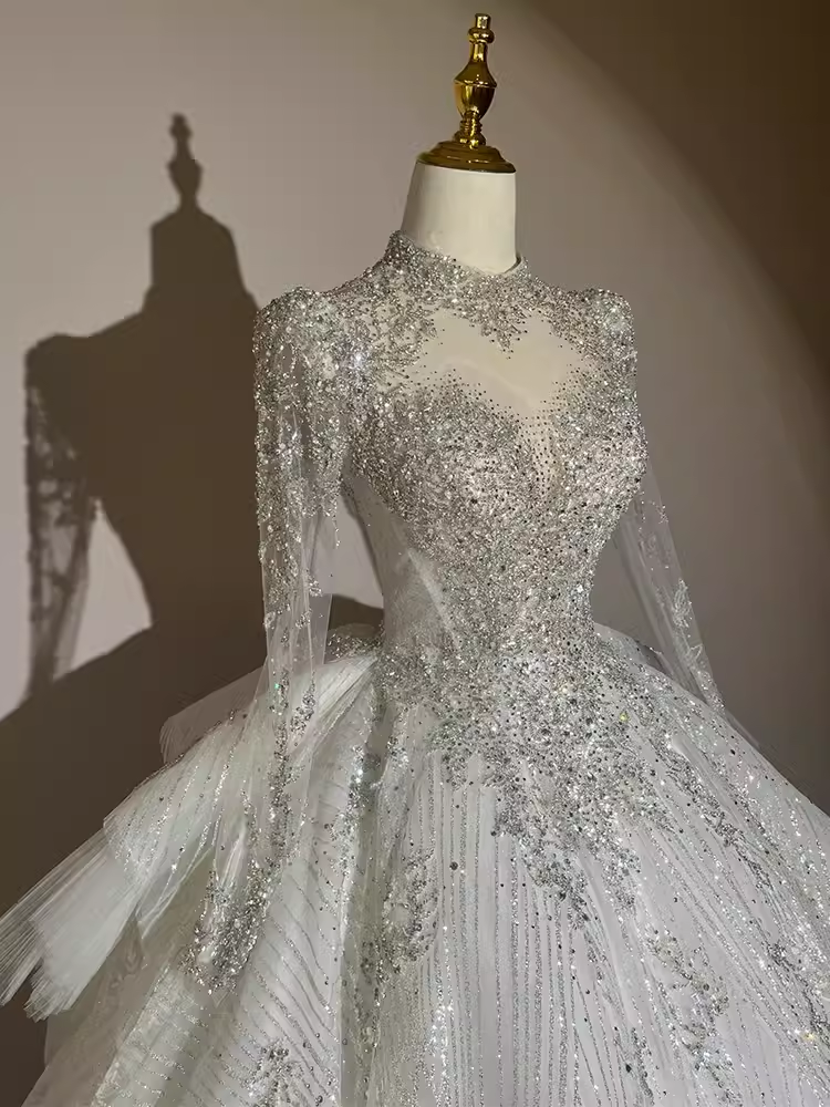 Fairytale Ball Gown High Neckline Tulle Sequin Long Wedding Dresses