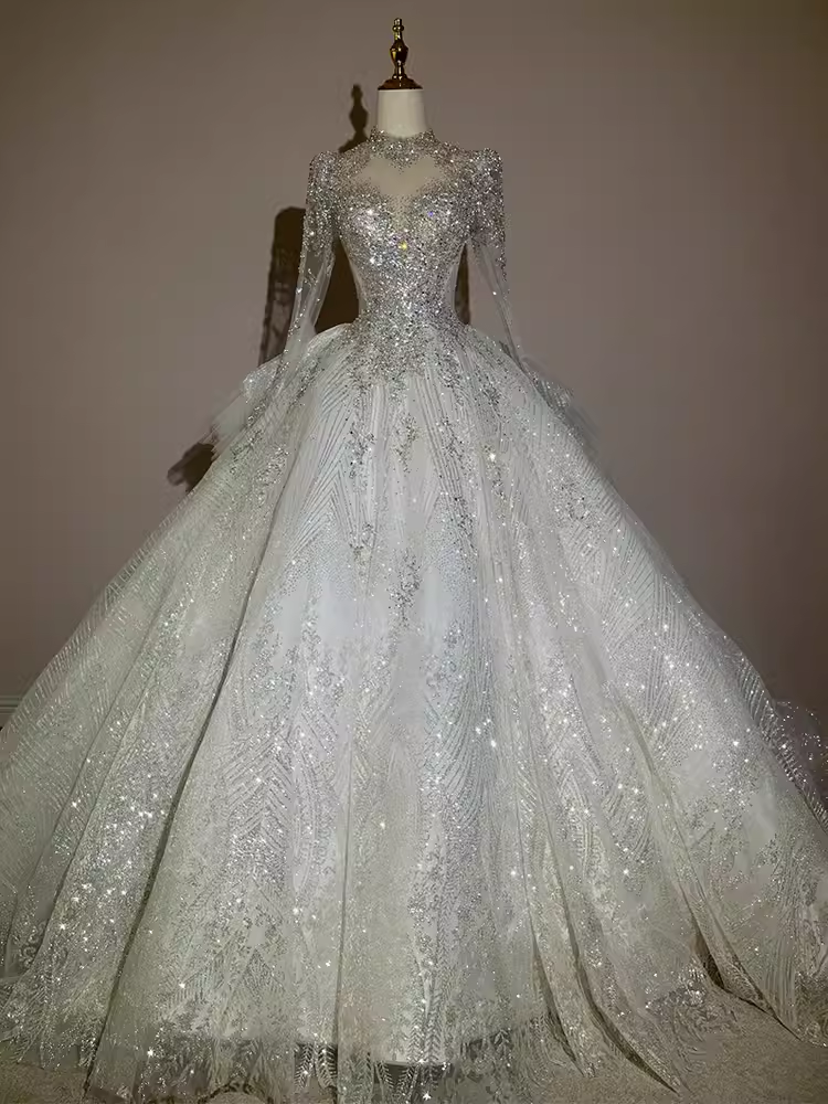 Fairytale Ball Gown High Neckline Tulle Sequin Long Wedding Dresses