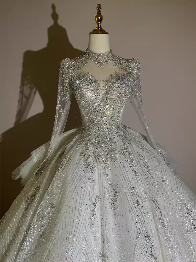 Fairytale Ball Gown High Neckline Tulle Sequin Long Wedding Dresses