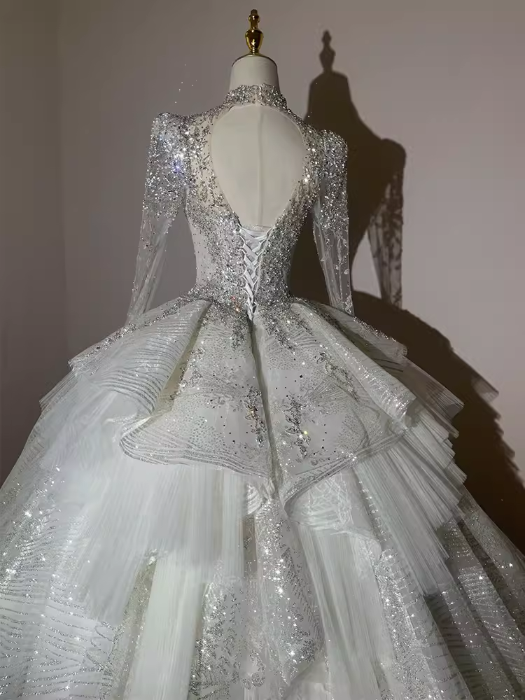 Fairytale Ball Gown High Neckline Tulle Sequin Long Wedding Dresses