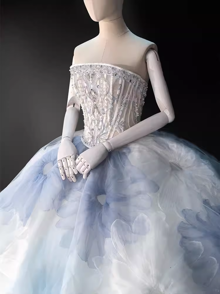 Fairytale Ball Gown Strapless Neckline Tulle Flowers Long Wedding Dresses