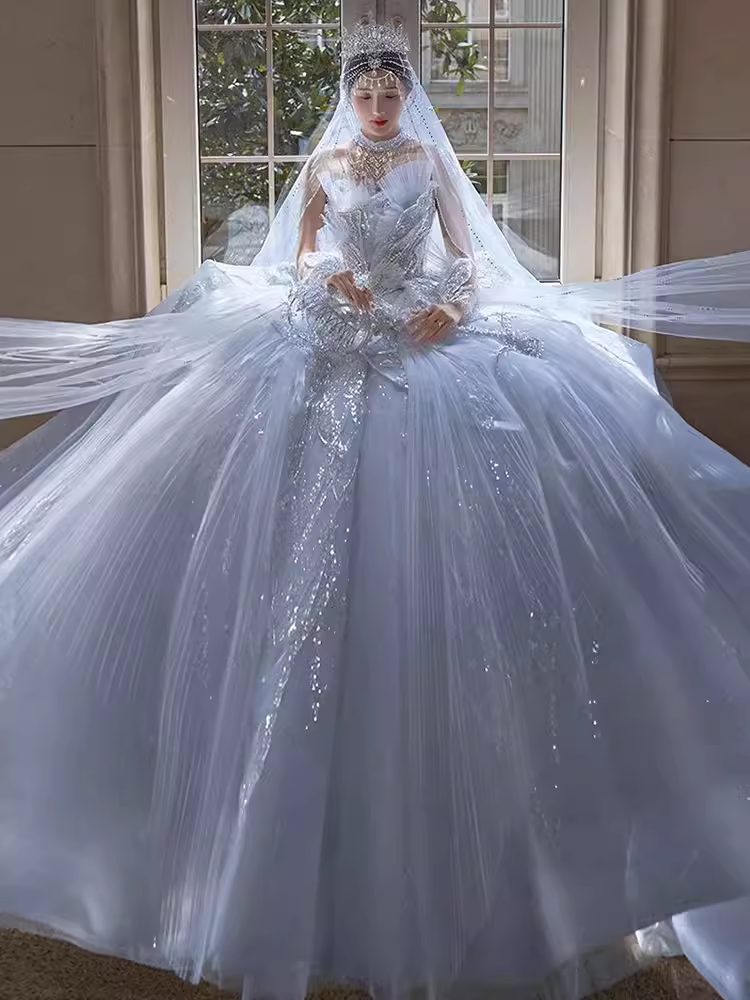 Fairytale Ball Gown Strapless Tulle Sequin Long Wedding Dresses
