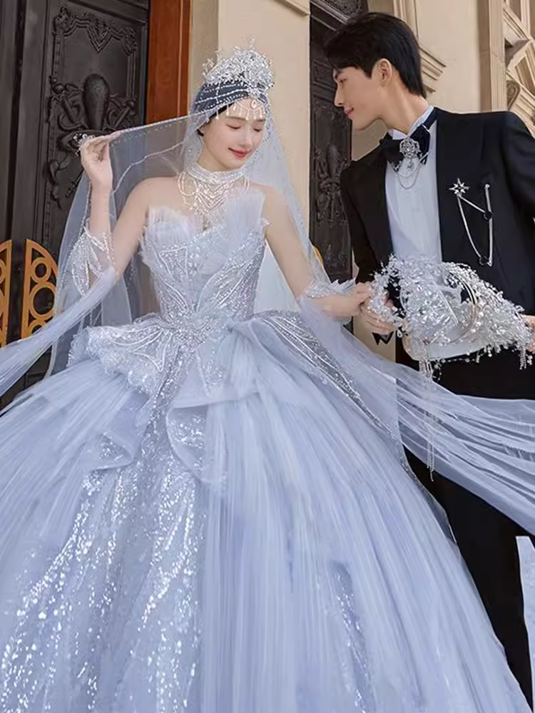 Fairytale Ball Gown Strapless Tulle Sequin Long Wedding Dresses
