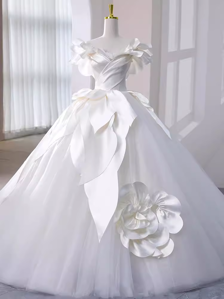 Princess Ball Gown Off The Shoulder Satin Long Wedding Dresses