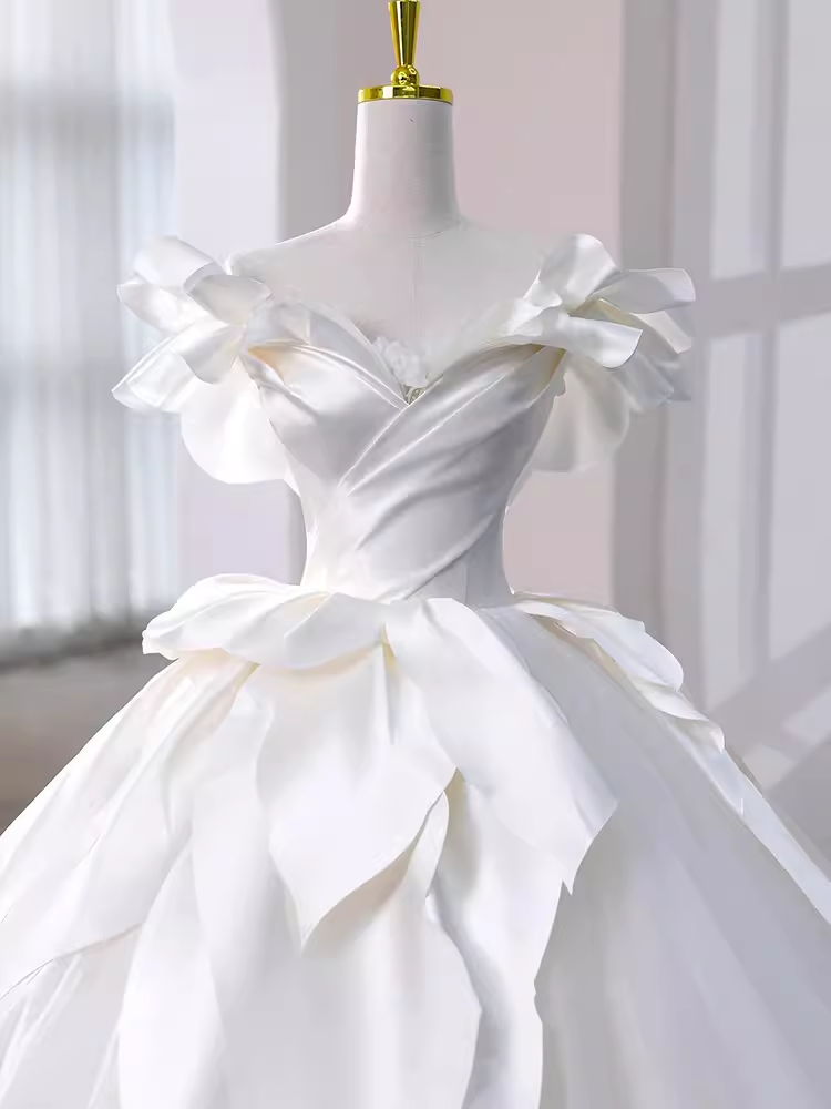 Princess Ball Gown Off The Shoulder Satin Long Wedding Dresses