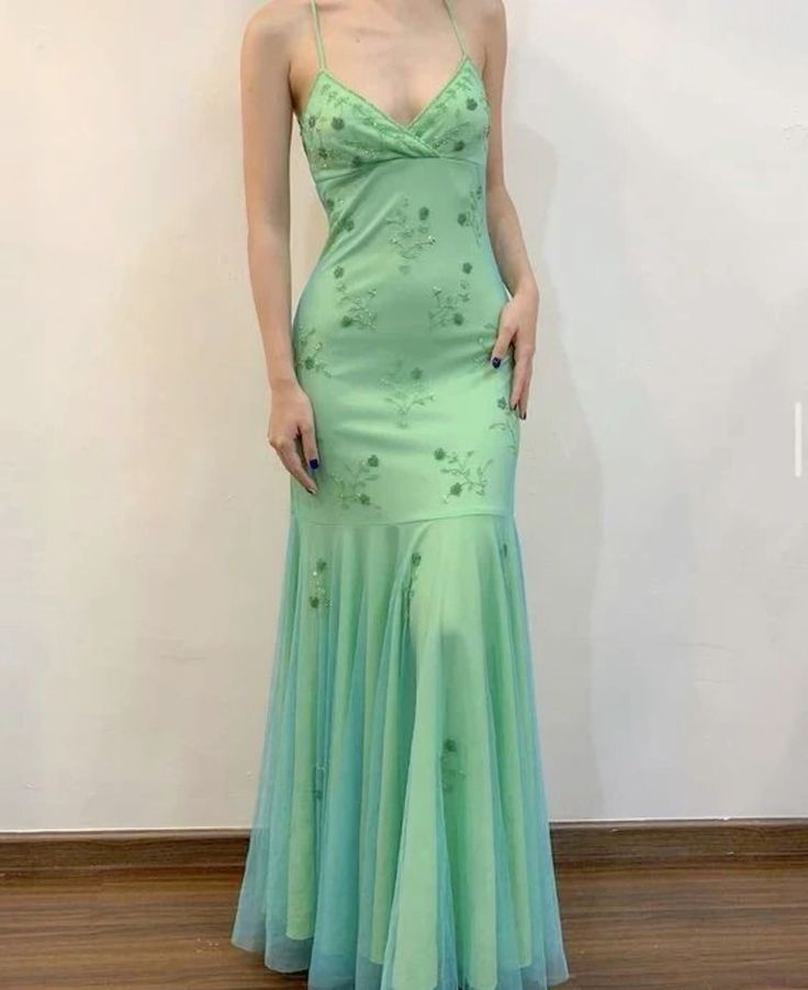 Classy Mermaid Beaded Spaghetti Straps Mint Green Long Prom Dress Evening Dress