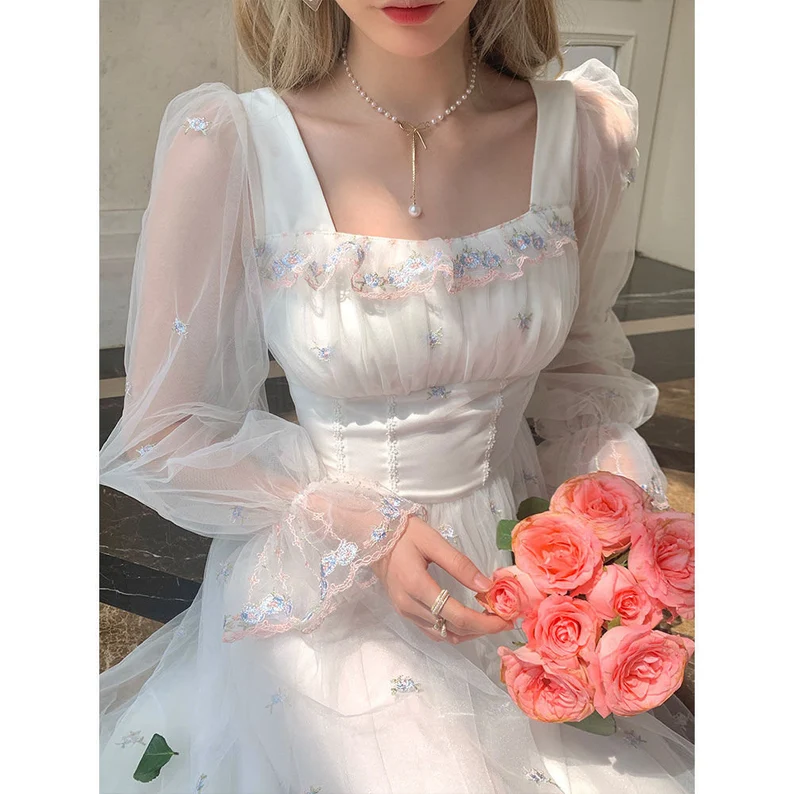 White Mesh Fairy Dress Woman French Vintage Embroidery Floral Flare Sleeve Princess Prom Dresses