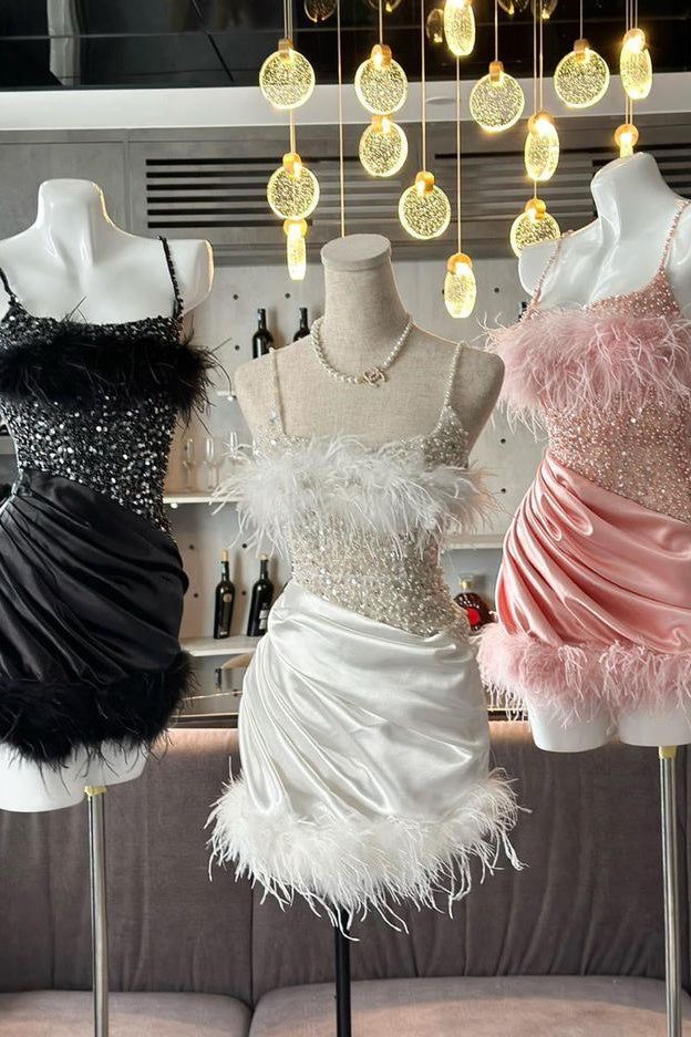 Glitter Sheath Sequins Spaghetti Straps Homecoming Dresses With Feather