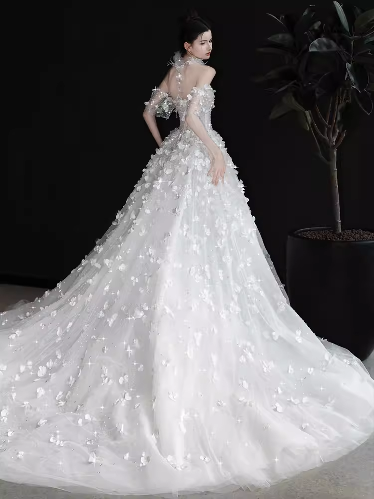 Princess Ball Gown Off The Shoulder Tulle Flowers Long Wedding Dresses