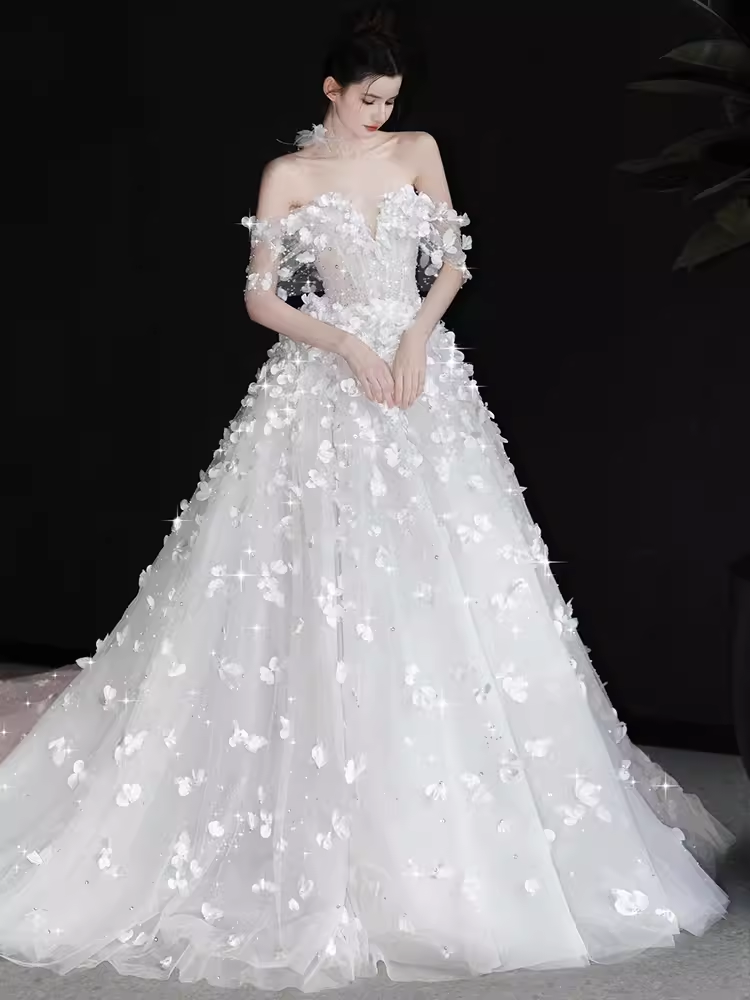 Princess Ball Gown Off The Shoulder Tulle Flowers Long Wedding Dresses