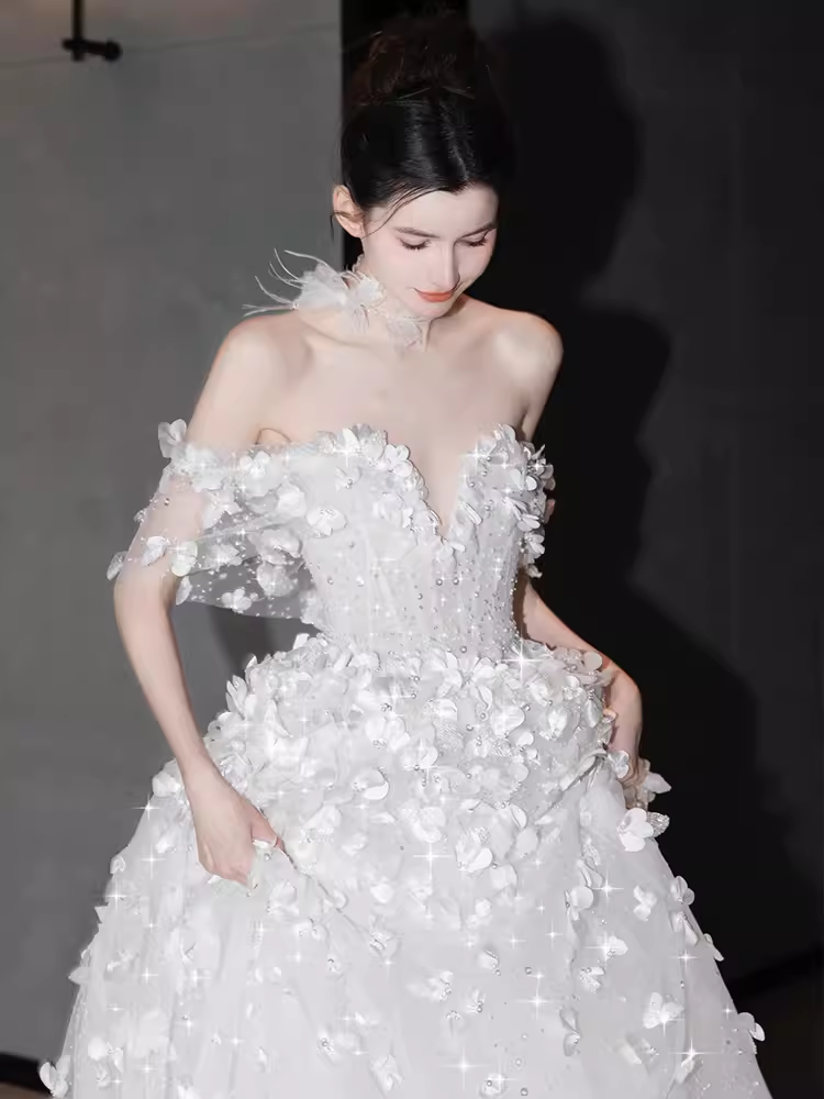 Princess Ball Gown Off The Shoulder Tulle Flowers Long Wedding Dresses