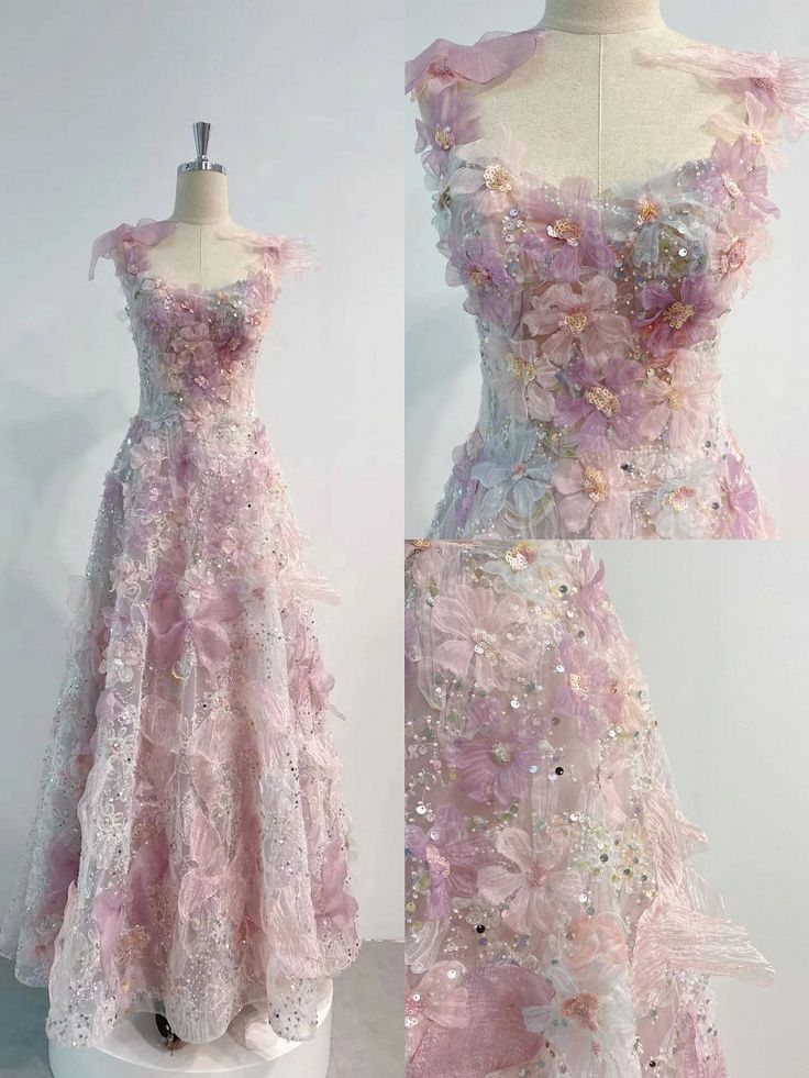 Vintage A line Straps Sequin Flowers Long Pink Prom Dress Evening Dresses