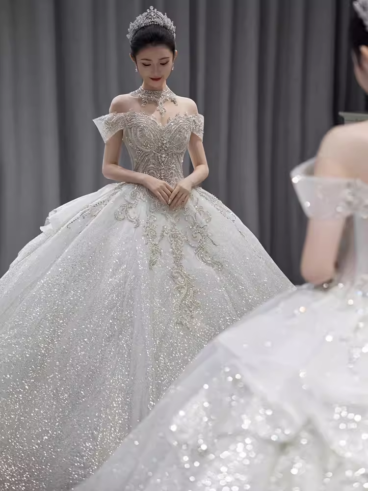 Princess Ball Gown Off The Shoulder Sequin Long Wedding Dresses