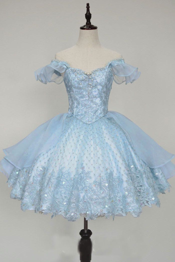 Cute Ball Gown Off The Shoulder Lace Light Sky Blue Homecoming Dress Short Birthday Outfit