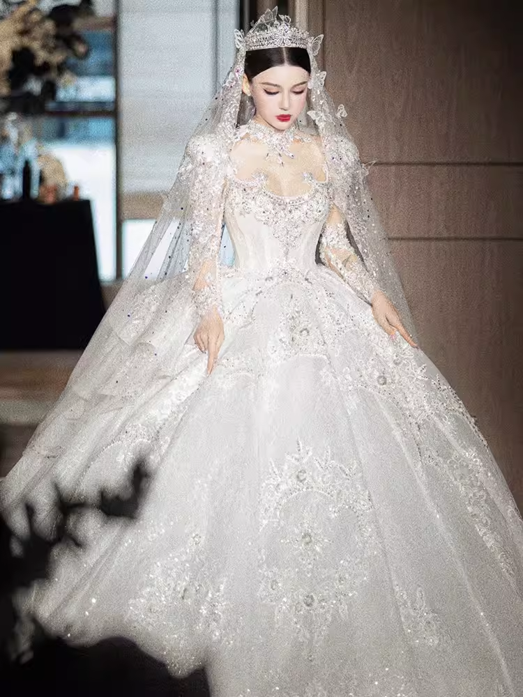Princess Ball Gown Long Sleeves Lace Wedding Dresses