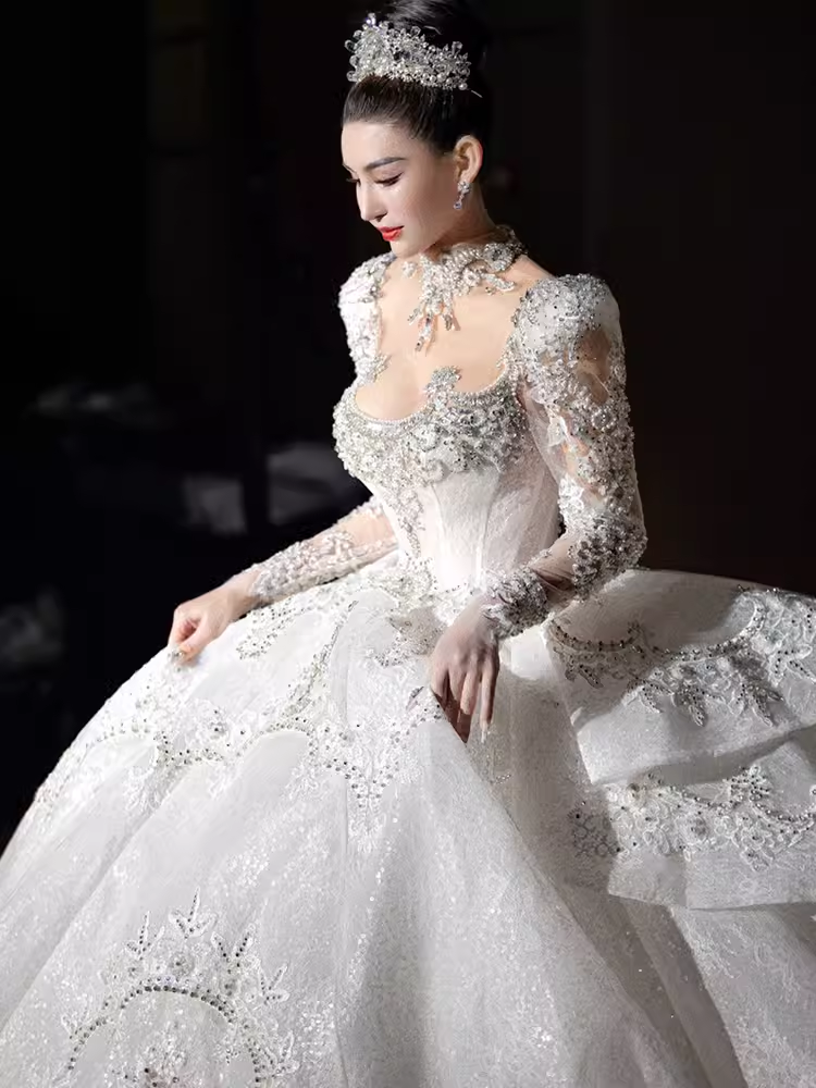 Princess Ball Gown Long Sleeves Lace Wedding Dresses