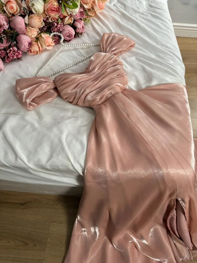 Modest A Line Strapless Silk Satin Long Pink Prom Dress Evening Dresses