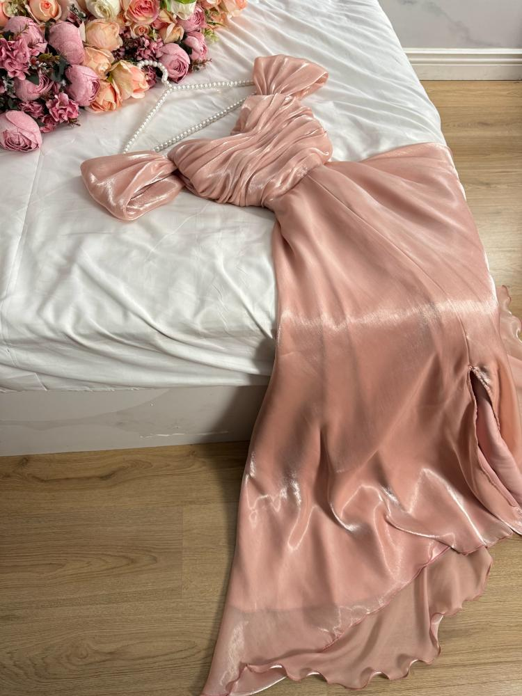 Modest A Line Strapless Silk Satin Long Pink Prom Dress Evening Dresses