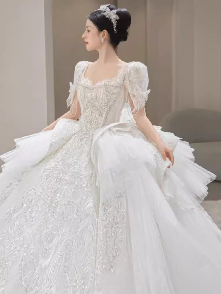 Princess Ball Gown Half Sleeves Lace Wedding Dresses