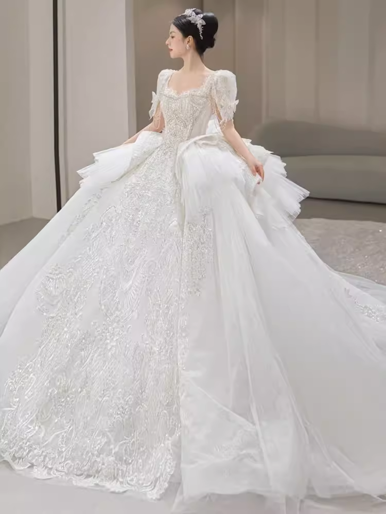 Princess Ball Gown Half Sleeves Lace Wedding Dresses