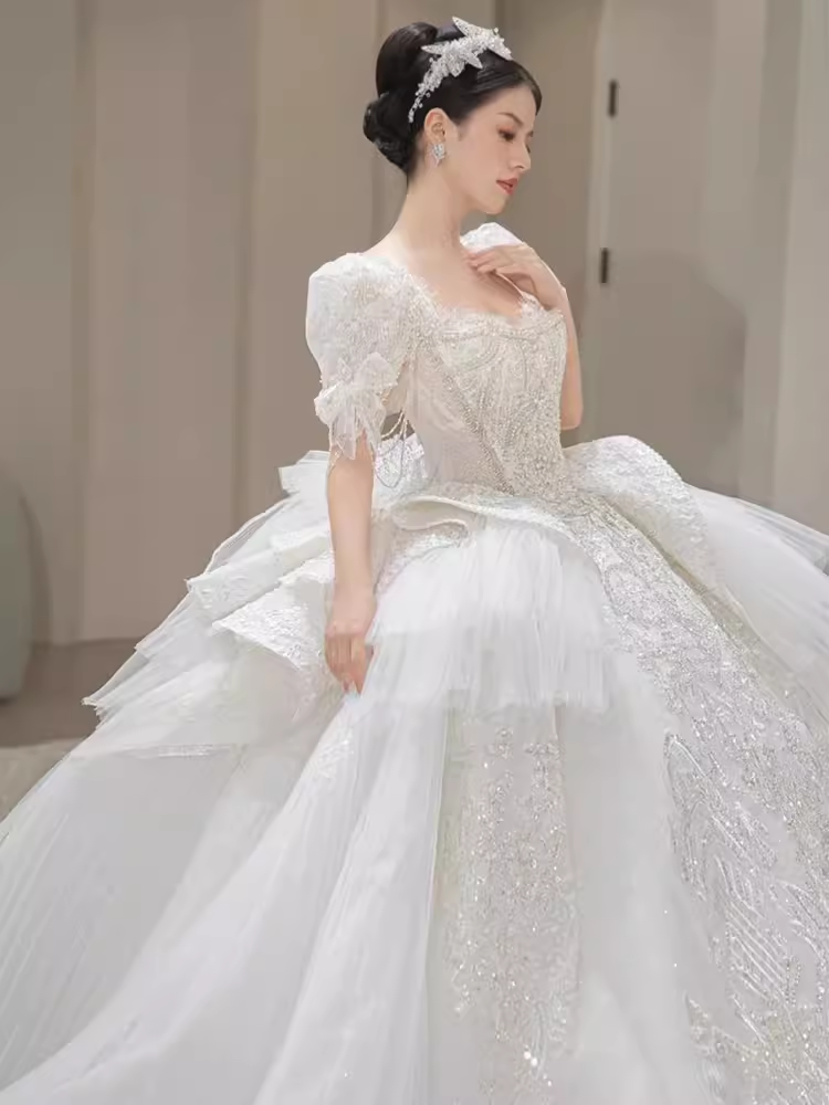 Princess Ball Gown Half Sleeves Lace Wedding Dresses