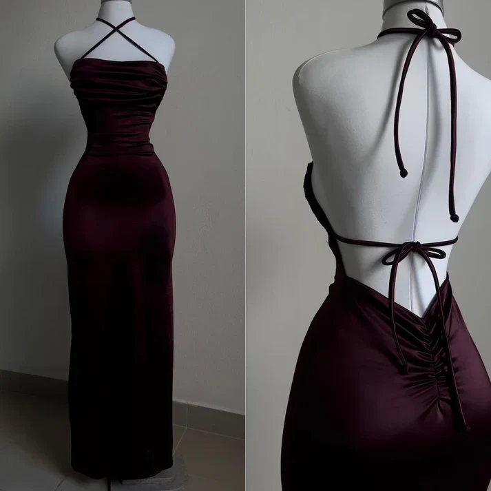 Sexy Sheath Halter Burgundy Slim Fit Long Prom Dress Evening Dresses