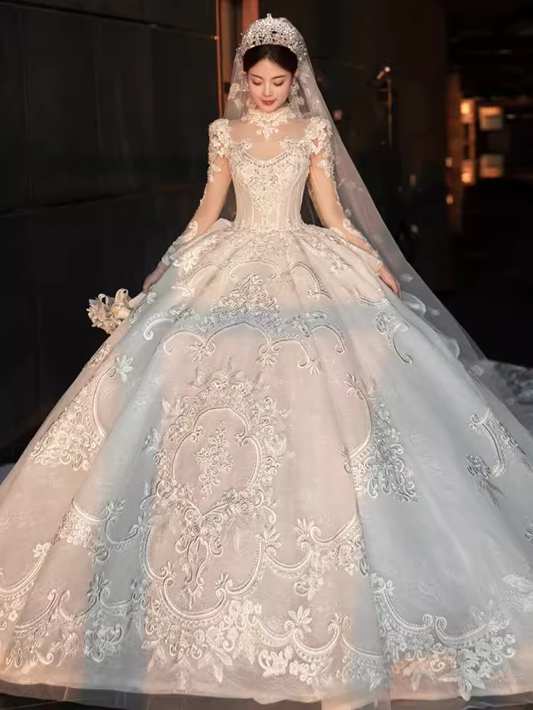 Elegant Ball Gown High neckline Long Sleeves Satin Wedding Dresses