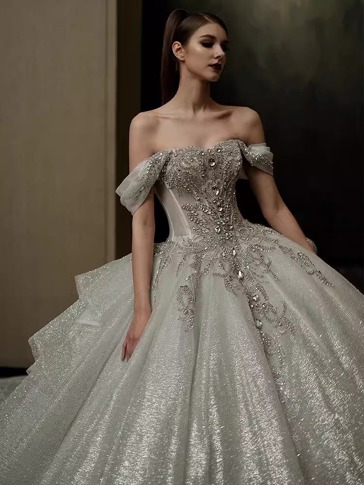 Elegant Ball Gown Off The Shoulder Sequin Short Sleeves Sequin Wedding Dresses