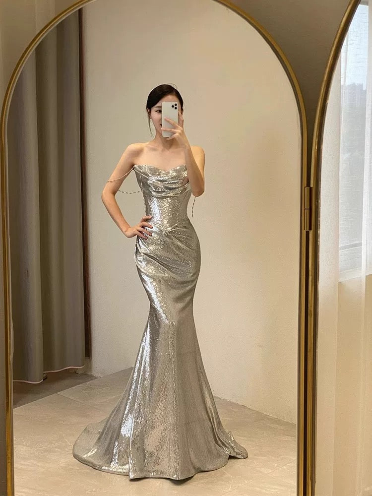 Sexy Mermaid Spaghetti Straps Silver Sequin Long Prom Dress Evening Dresses