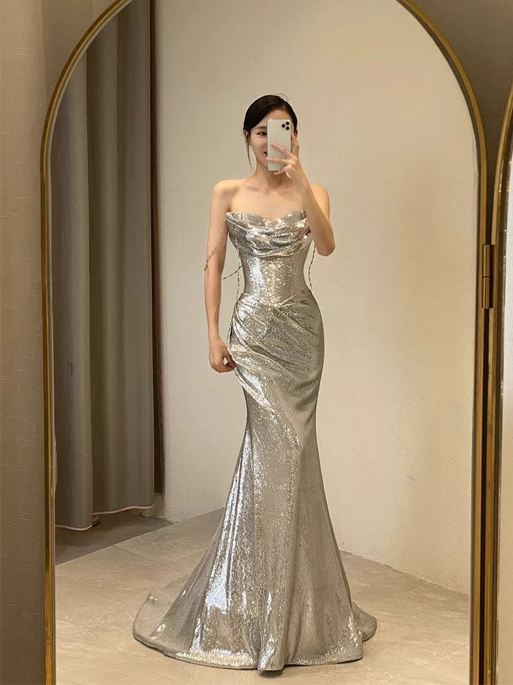 Sexy Mermaid Spaghetti Straps Silver Sequin Long Prom Dress Evening Dresses