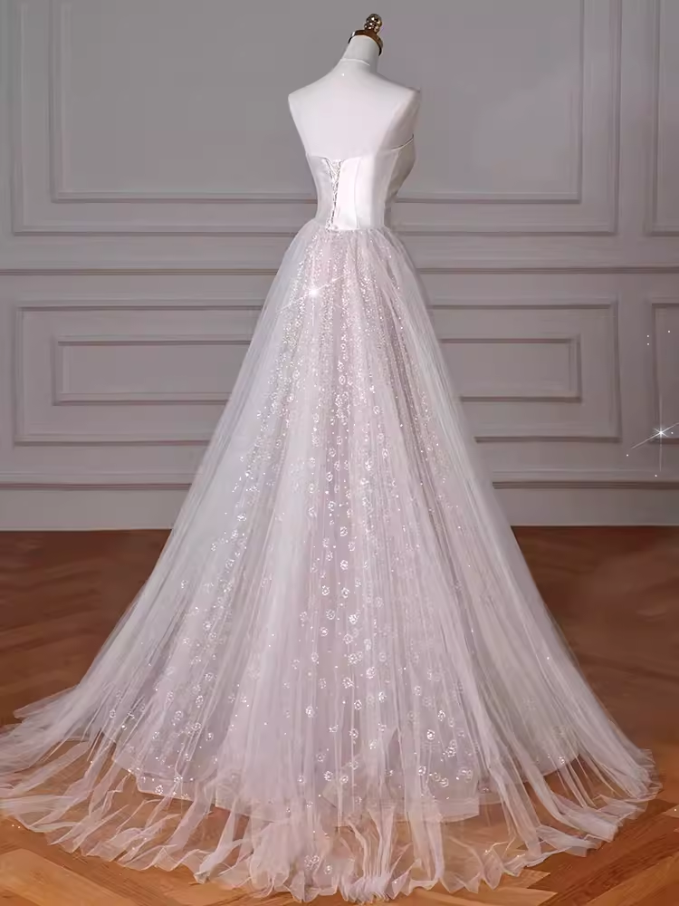 Romantic A line Strapless Tulle Long Wedding Dresses