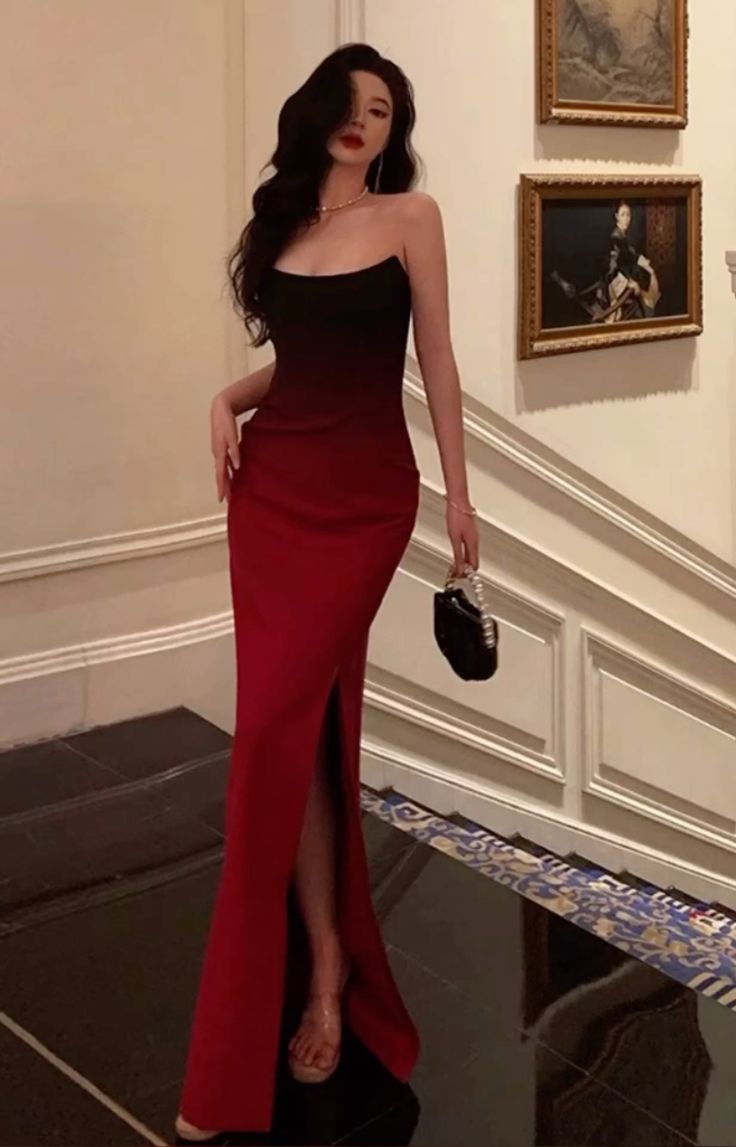 Sexy Mermaid Strapless Ombre Burgundy Satin Long Prom Dress Evening Dresses