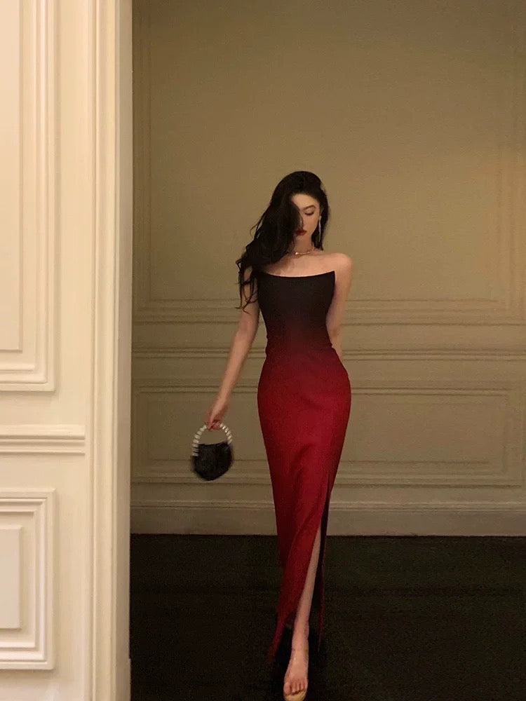 Sexy Mermaid Strapless Ombre Burgundy Satin Long Prom Dress Evening Dresses