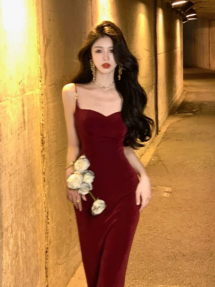 Sexy Mermaid Straps Velvet Burgundy Long Prom Dress Evening Dresses
