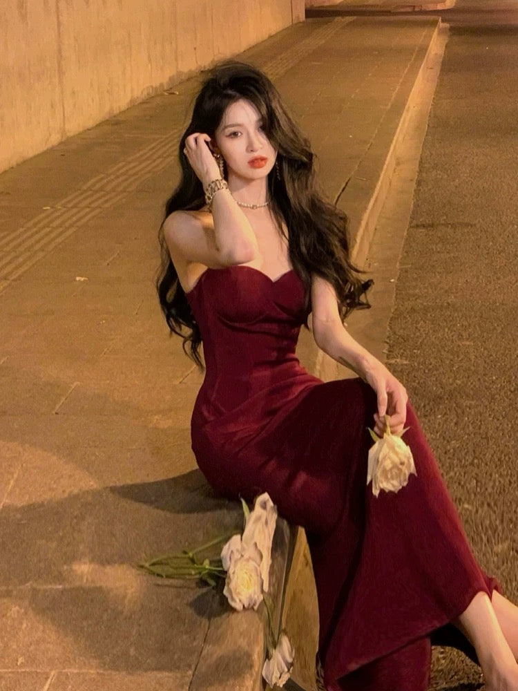 Sexy Mermaid Straps Velvet Burgundy Long Prom Dress Evening Dresses