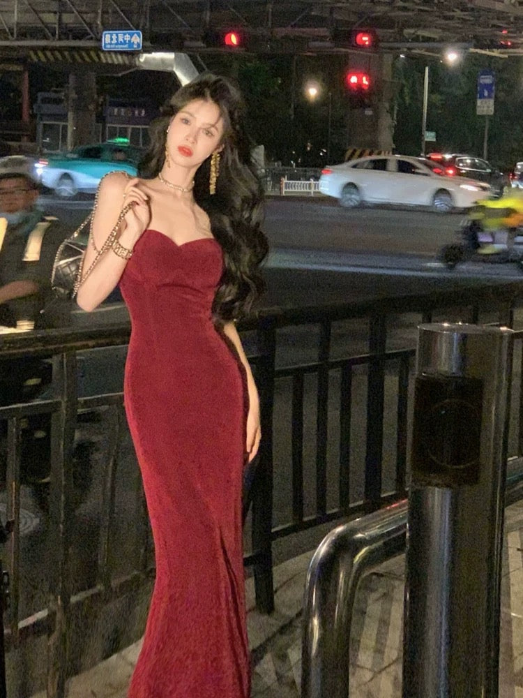 Sexy Mermaid Straps Velvet Burgundy Long Prom Dress Evening Dresses