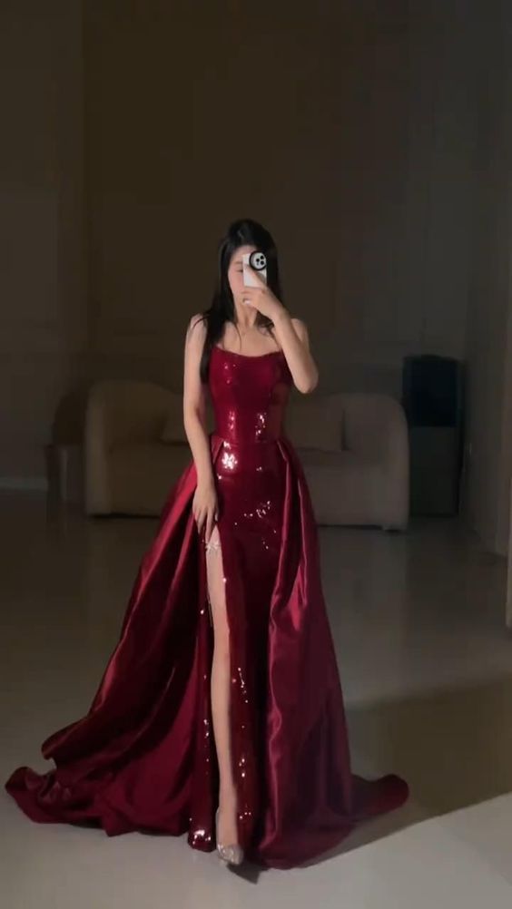 Sexy Mermaid Red Sleeveless Long Sequin Prom Dress Evening Dresses