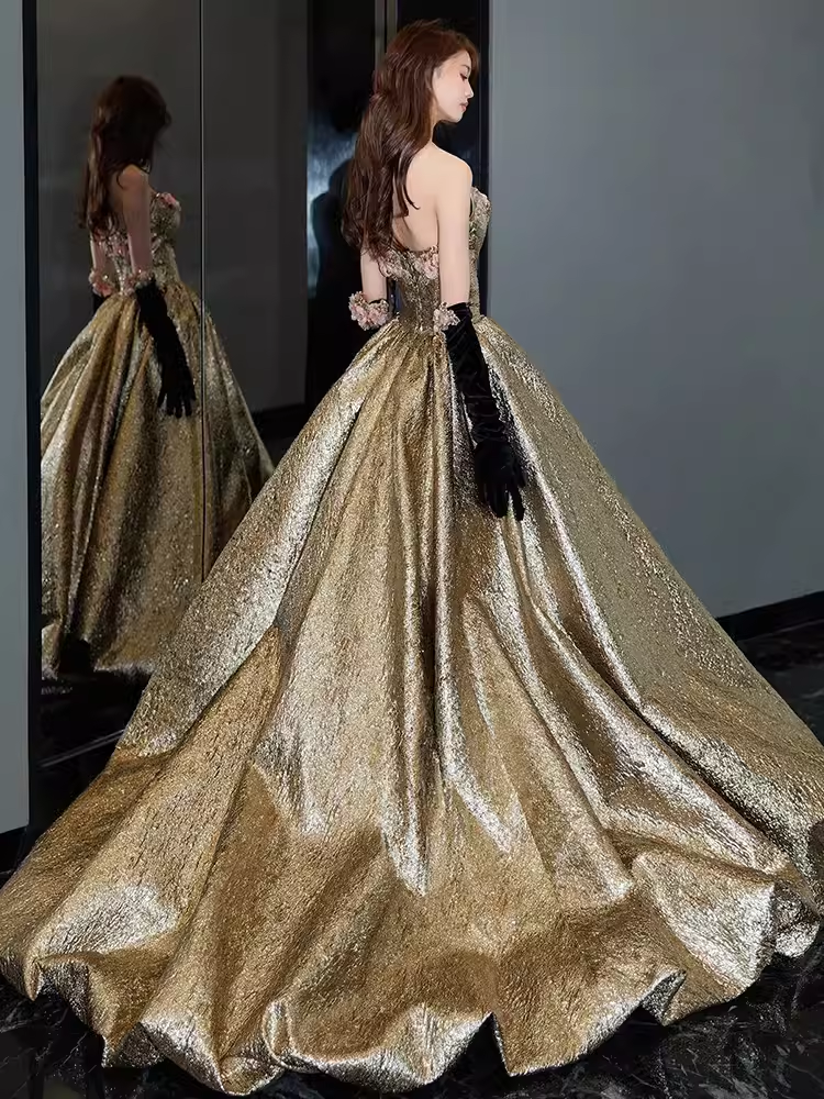 Modest A Line Strapless Satin Gold Long Prom Dresses