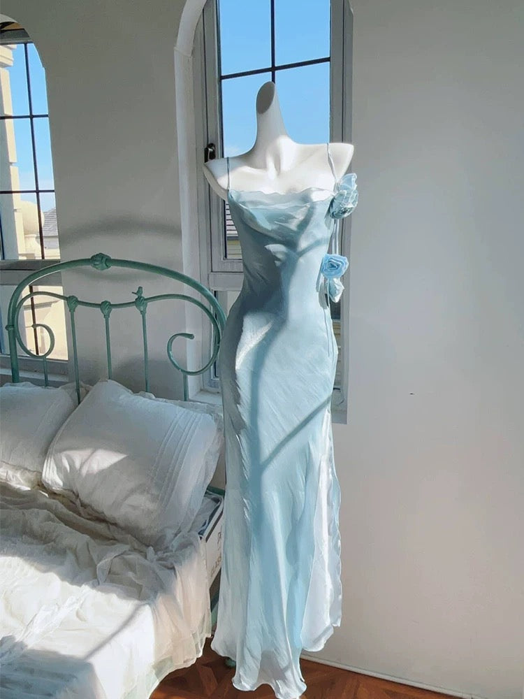 Modest Mermaid Spaghetti Straps Long Blue Prom Dress Evening Dresses